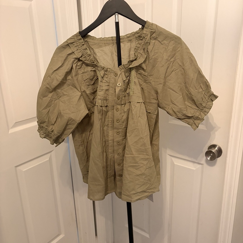 Boutique Ruffle Blouse Olive Green Large Prairie Babydoll Puff‎ Sleeves Boho NWT